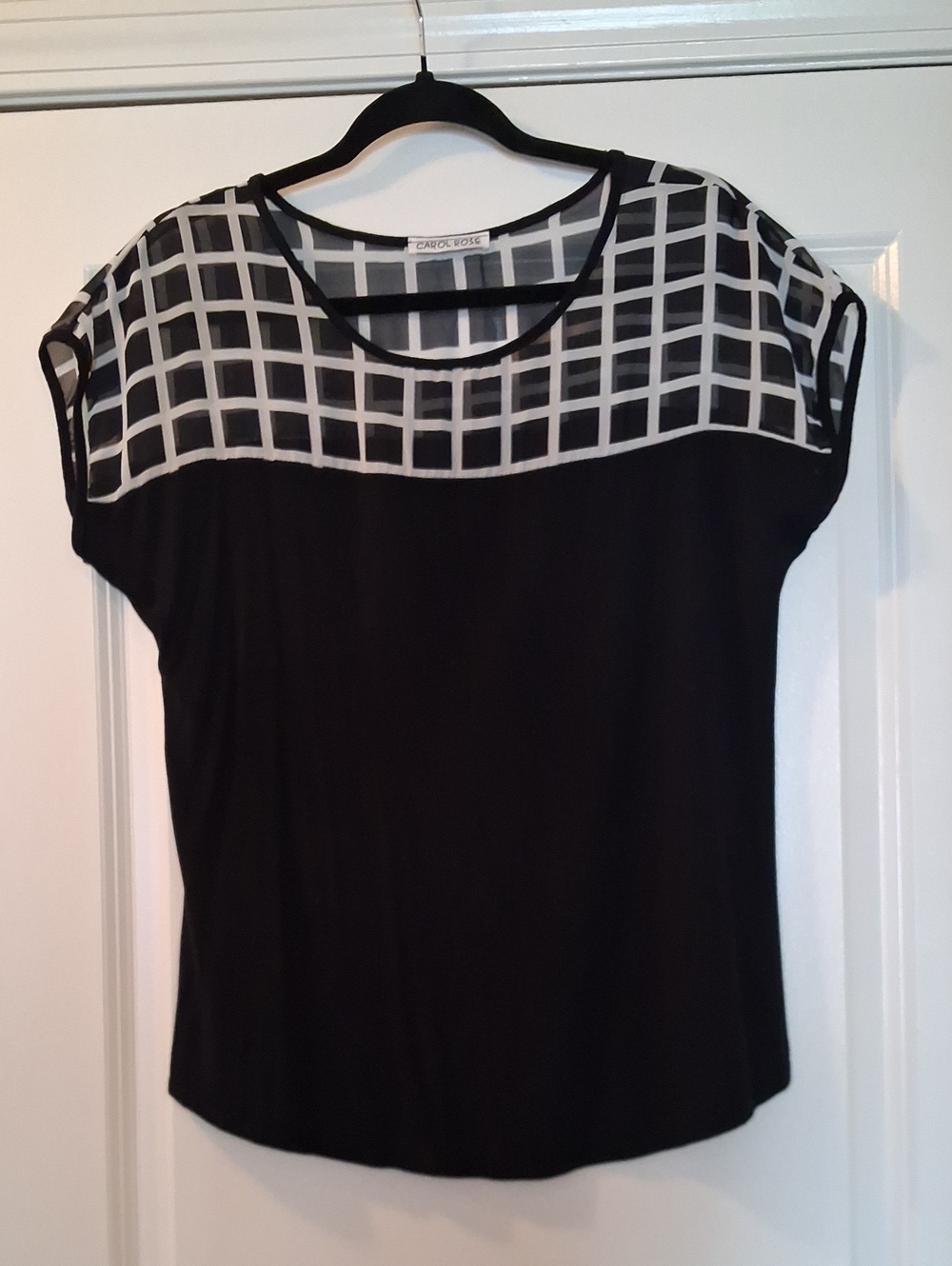 Carol Rose Black Top with White Grid Yoke Short Sleeve